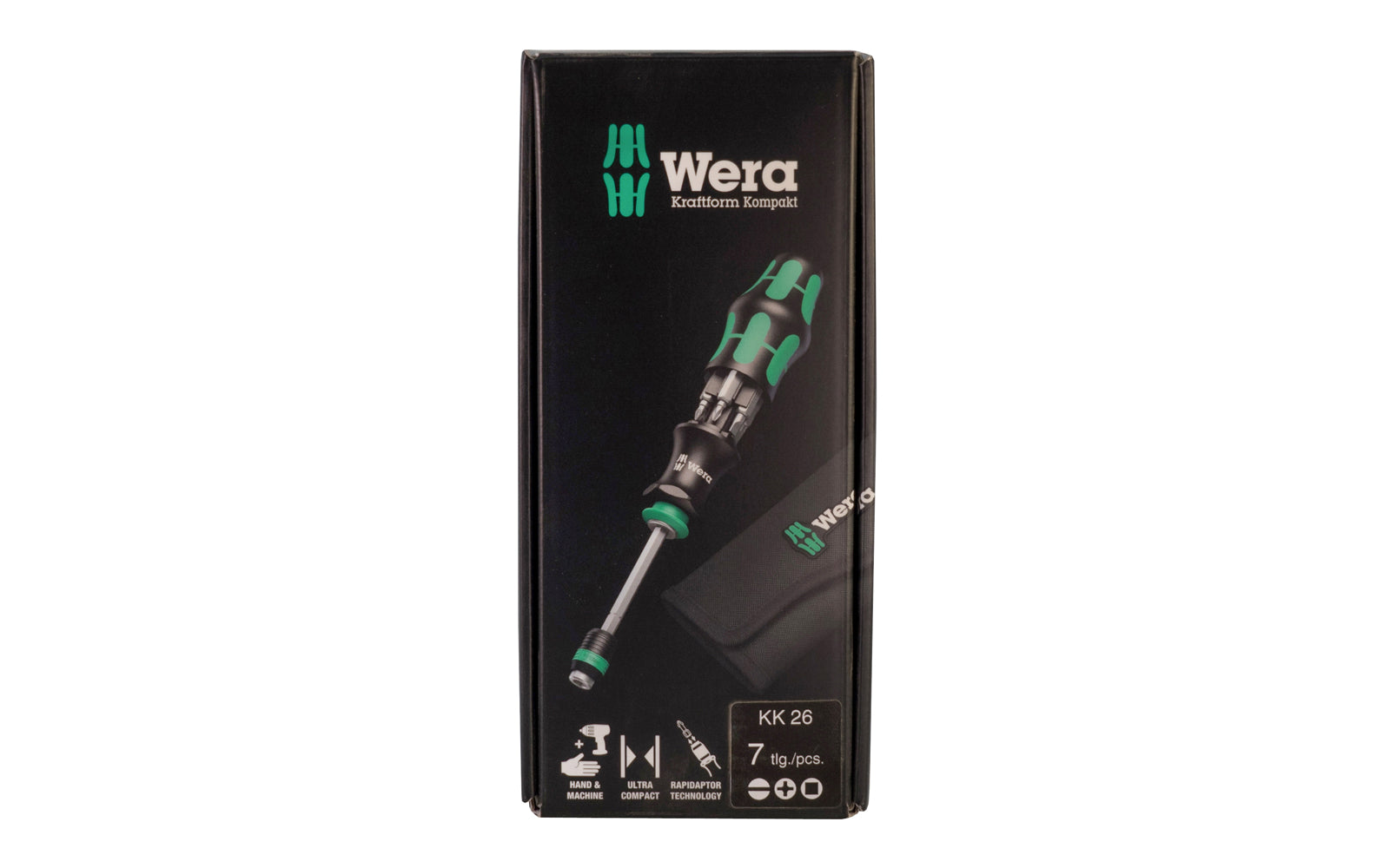 Wera Screwdriver Set & Bits - "Kraftform Kompakt 26". 7 piece screwdriver & bit set. Phillips Sizes (Wera 851/1 Z bits): #1 x 25 mm & #2 x 25 mm. Slotted Sizes (Wera 800/1 Z bits): 1 x 5.5 x 25 mm & 1.2 x 6.5 x 25 mm. Square drive Sizes (Wera 868/1 Z bits): #1 x 25 mm & #2 x 25 mm. Model 051025 - KK 26.