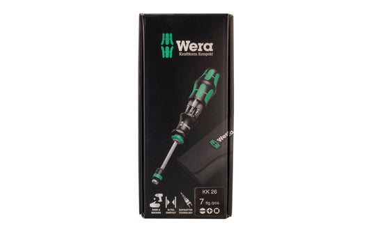 Wera Screwdriver Set & Bits - "Kraftform Kompakt 26". 7 piece screwdriver & bit set. Phillips Sizes (Wera 851/1 Z bits): #1 x 25 mm & #2 x 25 mm. Slotted Sizes (Wera 800/1 Z bits): 1 x 5.5 x 25 mm & 1.2 x 6.5 x 25 mm. Square drive Sizes (Wera 868/1 Z bits): #1 x 25 mm & #2 x 25 mm. Model 051025 - KK 26.