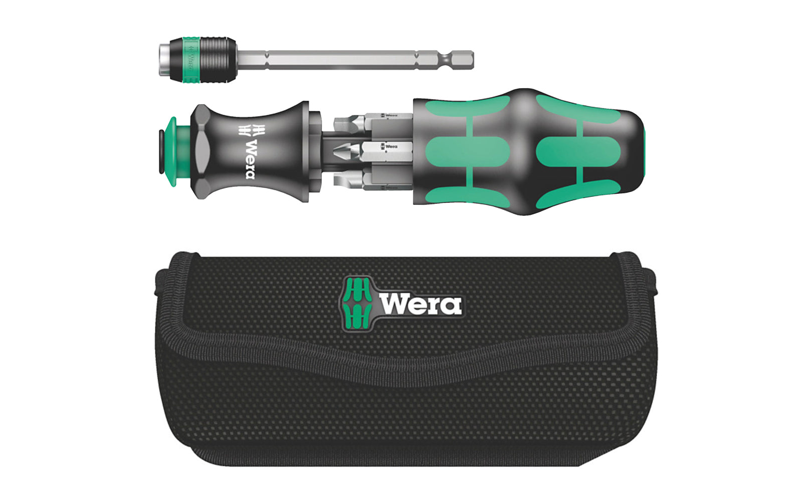 Wera Screwdriver Set & Bits - "Kraftform Kompakt 26". 7 piece screwdriver & bit set. Phillips Sizes (Wera 851/1 Z bits): #1 x 25 mm & #2 x 25 mm. Slotted Sizes (Wera 800/1 Z bits): 1 x 5.5 x 25 mm & 1.2 x 6.5 x 25 mm. Square drive Sizes (Wera 868/1 Z bits): #1 x 25 mm & #2 x 25 mm. Model 051025 - KK 26.