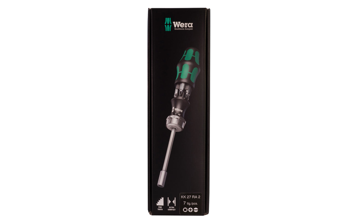 Wera Screwdriver Set & Bits - "Kraftform Kompakt 27 RA 2". 7 piece screwdriver & bit set. Phillips Sizes (Wera 851/1 Z bits): #1 x 25 mm & #2 x 25 mm. Slotted Sizes (Wera 800/1 Z bits): 1 x 5.5 x 25 mm & 1.2 x 6.5 x 25 mm. Square drive Sizes (Wera 868/1 Z bits): #1 x 25 mm & #2 x 25 mm. Model 073661 - KK 27 RA 2.