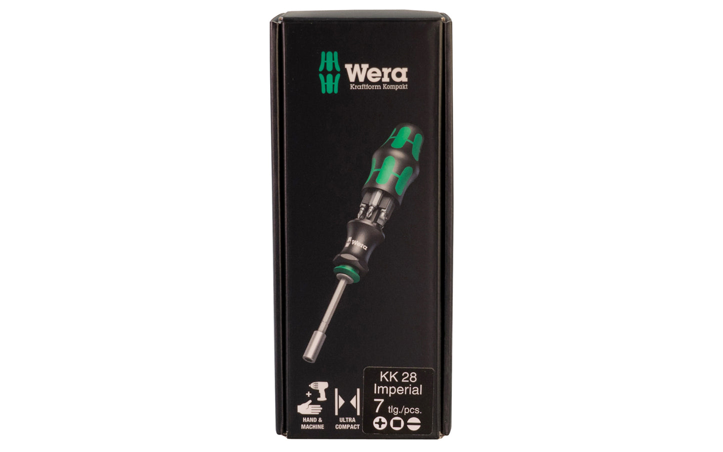 Wera Screwdriver Set & Bits - "Kraftform Kompakt 28 Imperial 1". 7 piece screwdriver & bit set. Phillips Sizes (Wera 851/1 Z bits): #1 x 25 mm & #2 x 25 mm. Slotted Sizes (Wera 800/1 Z bits): 1 x 5.5 x 25 mm & 1.2 x 6.5 x 25 mm. Square drive Sizes (Wera 868/1 Z bits): #1 x 25 mm & #2 x 25 mm. Model 073241 - KK 28.