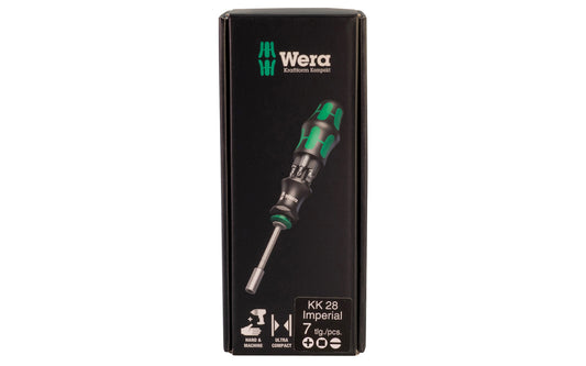 Wera Screwdriver Set & Bits - "Kraftform Kompakt 28 Imperial 1". 7 piece screwdriver & bit set. Phillips Sizes (Wera 851/1 Z bits): #1 x 25 mm & #2 x 25 mm. Slotted Sizes (Wera 800/1 Z bits): 1 x 5.5 x 25 mm & 1.2 x 6.5 x 25 mm. Square drive Sizes (Wera 868/1 Z bits): #1 x 25 mm & #2 x 25 mm. Model 073241 - KK 28.