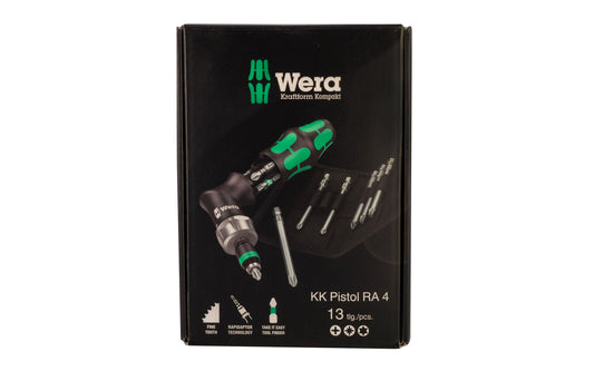 Wera Screwdriver Set & Bits - "Kraftform Kompakt Pistol RA 4". 13 piece screwdriver & bit set. Wera model KK PISTOL RA 4.