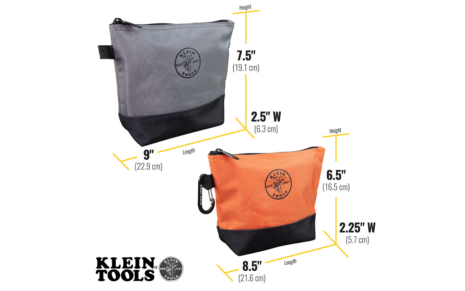 Klein Stand-Up Zipper Bags - 2 Pack. These pouches keep your pieces & parts organized. The body is coated 1680d ballistic material while the bottoms are reinforced with 2520d ballistic material. The gusseting on these bags keeps them standing up making it easy to find your hex keys, small levels, drill bits, & pieces.