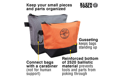 Klein Stand-Up Zipper Bags - 2 Pack. These pouches keep your pieces & parts organized. The body is coated 1680d ballistic material while the bottoms are reinforced with 2520d ballistic material. The gusseting on these bags keeps them standing up making it easy to find your hex keys, small levels, drill bits, & pieces.