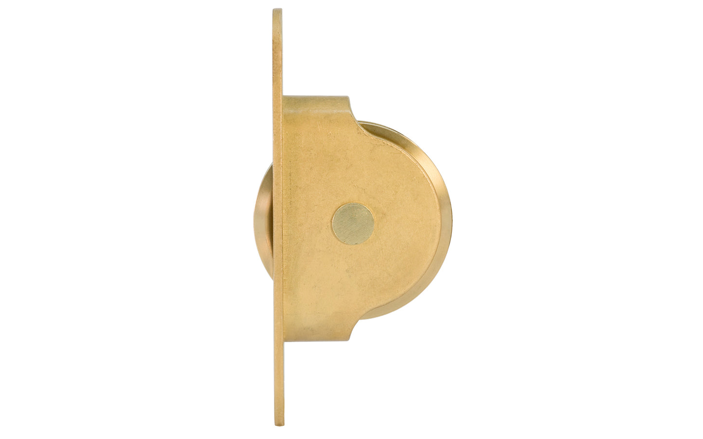 High quality sash pulley designed for sash or hung windows. Formed of solid brass material. Regular size. 2-1/4" wheel diameter. Unlacquered brass (will patina over time) non-lacquered brass.