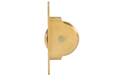 High quality sash pulley designed for sash or hung windows. Formed of solid brass material. Regular size. 2-1/4" wheel diameter. Unlacquered brass (will patina over time) non-lacquered brass.
