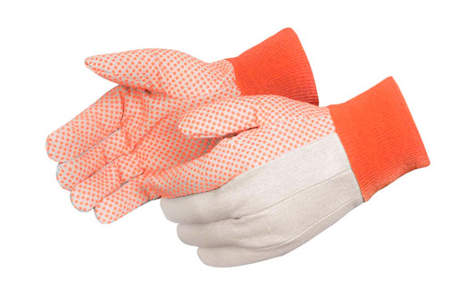 White cotton canvas glove with orange color PVC (polyvinyl chloride) dotted durable-sure grip palm. Ideal for any general use application. Clute cut with knit wrist. Size: men's large. 1 pair. 