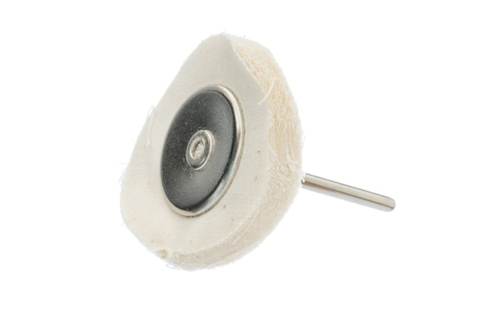 Mini White Muslin Cloth Polishing Wheel. 1/8" Thickness. 1-1/2" Diameter Wheel. 1/8" Shank. Made by Sona Enterprises.