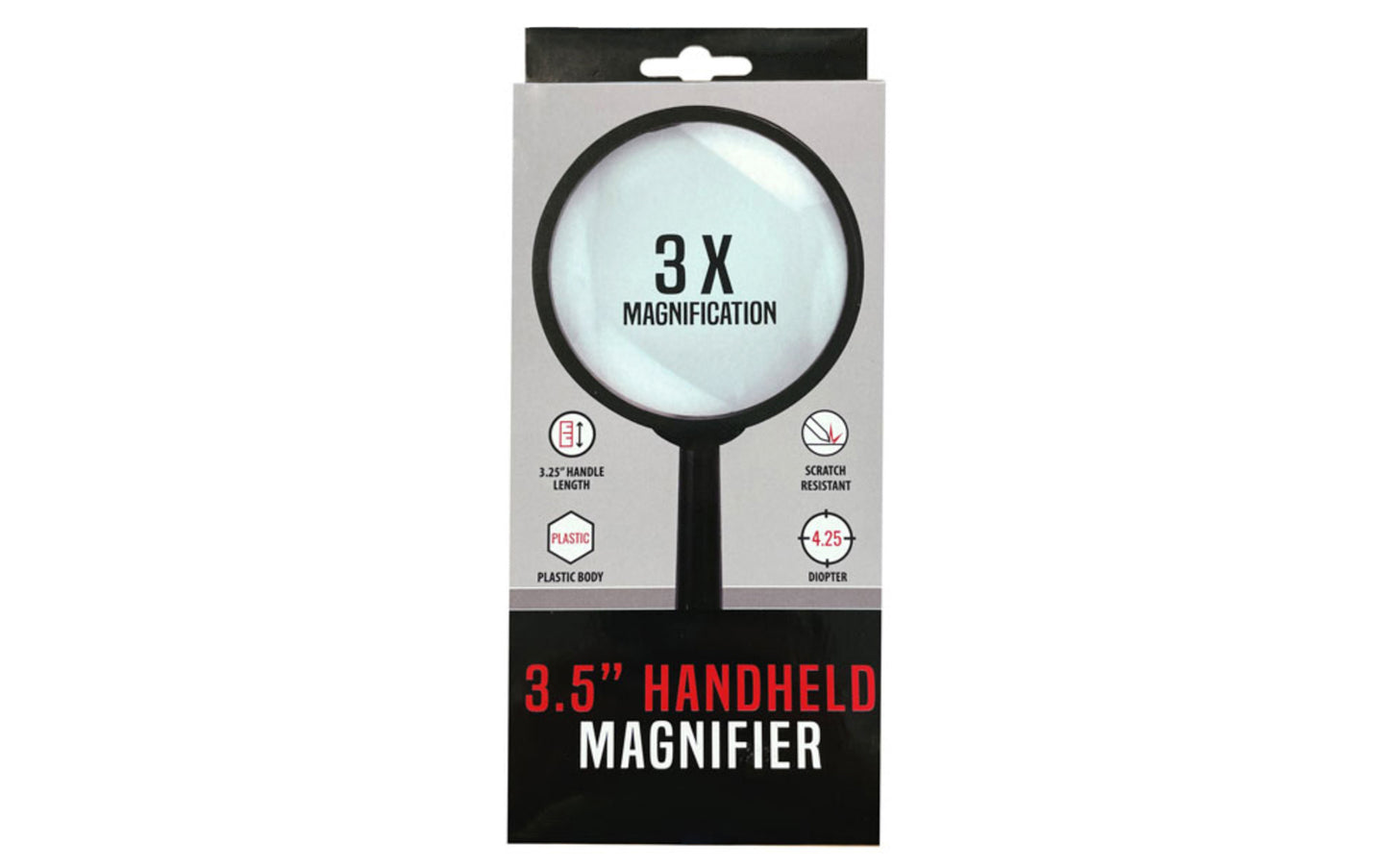 3-1/2" Handheld Magnifier - 2.25x Magnification. This magnifier offers 2.25X magnification with a 4.25 diopter, featuring a scratch-resistant glass lens with a diameter of 3.5 inches. 3-1/2" diameter lens. 