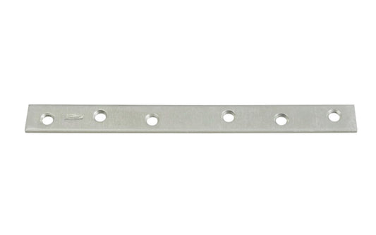10" Zinc-Plated Mending Plate. These flat mending plate irons are designed for furniture, cabinets, shelving support, etc. Allows for quick & easy repair of items in the workshop, home, & other applications. Steel material with a zinc plated finish. Countersunk holes. 10" long size. National Hardware Model N220-327.