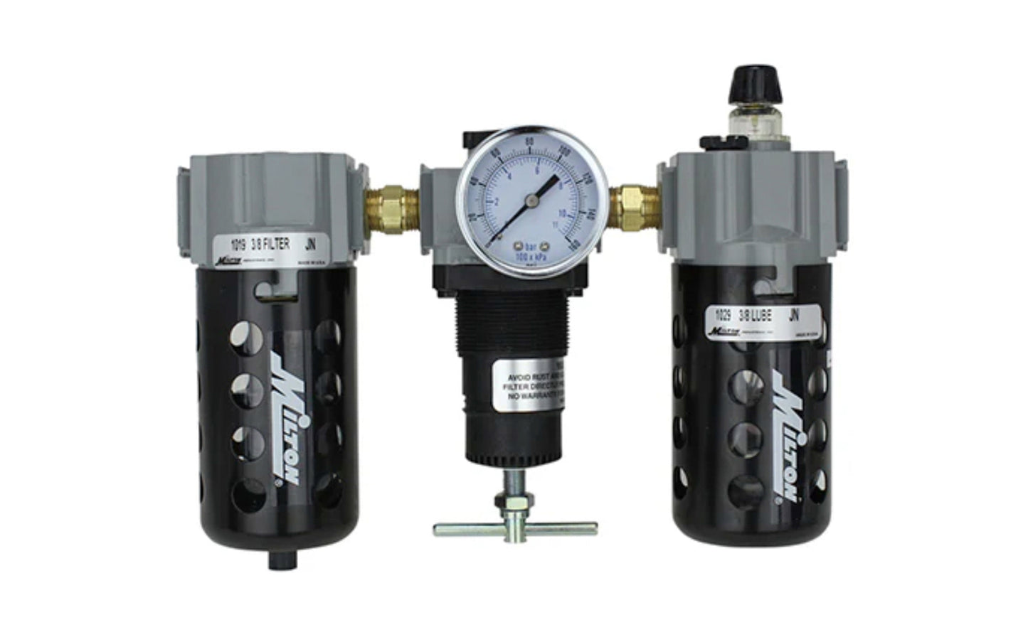 Milton 3/8" NPT Deluxe Polycarbonate FRL Trio. 3/8" NPT Deluxe FRL trio is a filter, regulator and lubricator all in one. The filter has an automatic overnight drain, the regulator is the relieving type and the lubricator is drip style.