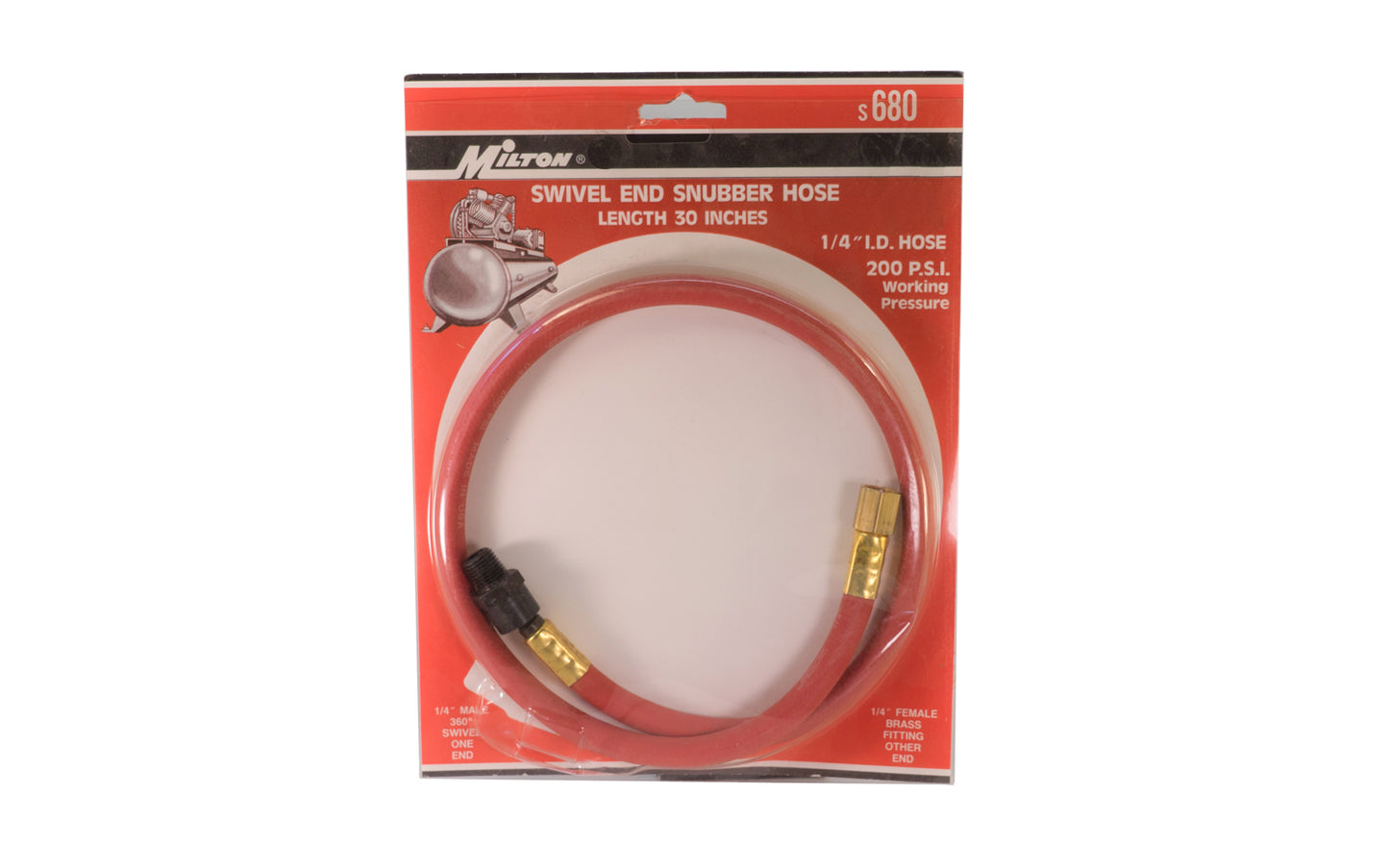 Milton Swivel End Snubber Hose - S-680. 30" Swivel end snubber hoses with a 3/8" ID and 1/4" NPT Swivel. Use snubber hoses to absorb shock to air couplers from percussion type tools. Snubber hoses are fitted with a full 360 degree swivel for greater flexibility and easy use.