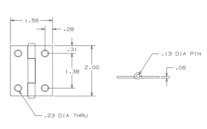 2" Brass-Plated Loose-Pin Narrow Hinges - 2 Pack. 2" high x 1-9/16" wide. Made of cold-rolled steel with brass plating. Removable pin hinges. Button-tip cabintet hinge is designed for hanging lightweight cabinet doors. Sold as a pair of hinges. National Hardware Model No. N146-639. 038613146631