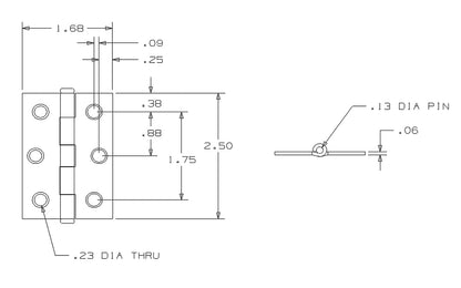 2-1/2" Brass-Plated Loose-Pin Narrow Hinges - 2 Pack. 2-1/2" high x 1-11/16" wide. Made of cold-rolled steel with brass plating. Removable pin hinges. Button-tip cabintet hinge is designed for hanging lightweight cabinet doors. Sold as a pair of hinges. National Hardware Model No. N146-753. 038613146754