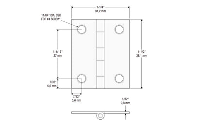 These solid brass hinges add a decorative appearance to small boxes, jewelry boxes, small lightweight cabinet doors, craft projects, etc. Made of solid brass material with a bright brass finish. 1-1/2" high x1-1/4" wide. Surface mount. Non-removable pin. Pair of hinges. National Hardware Model No. N211-359. 