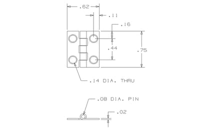 These miniature hinges are designed to add a decorative appearance to small chests, jewelry boxes, craft projects, etc. Made of solid brass material with a lacquered finish. 3/4" high x 5/8" wide. Surface mount. Non-removable pin. Sold as 4 hinges in pack. National Hardware Model No. N211-193. 038613211193. 4 Pack