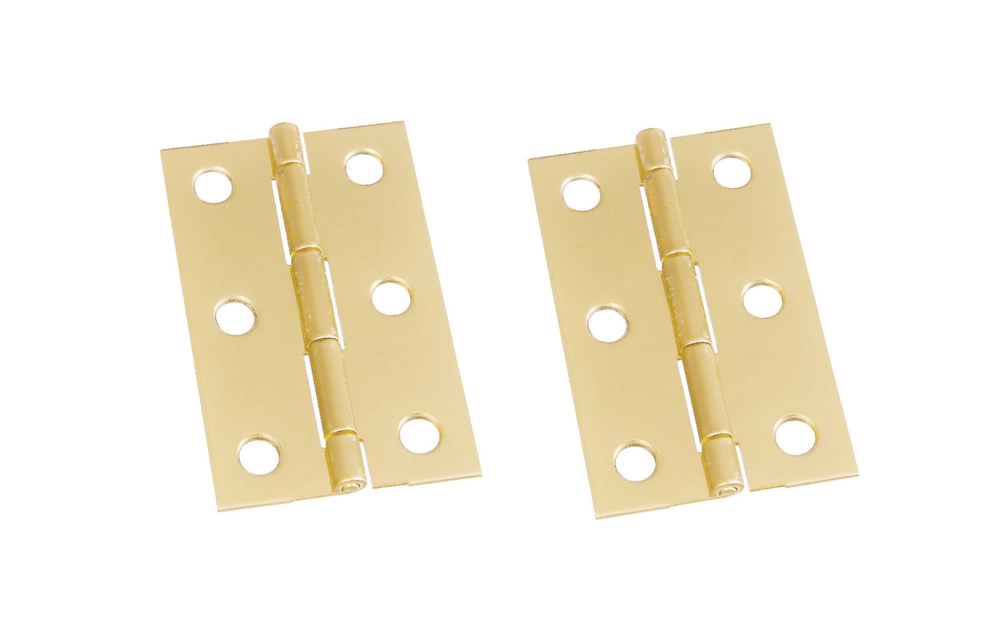 These solid brass hinges add a decorative appearance to small boxes, jewelry boxes, small lightweight cabinet doors, craft projects, etc. Made of solid brass material with a bright brass finish. 2-1/2" high x 1-9/16" wide. Surface mount. Non-removable pin. Pair of hinges. National Hardware Model No. N211-318. 