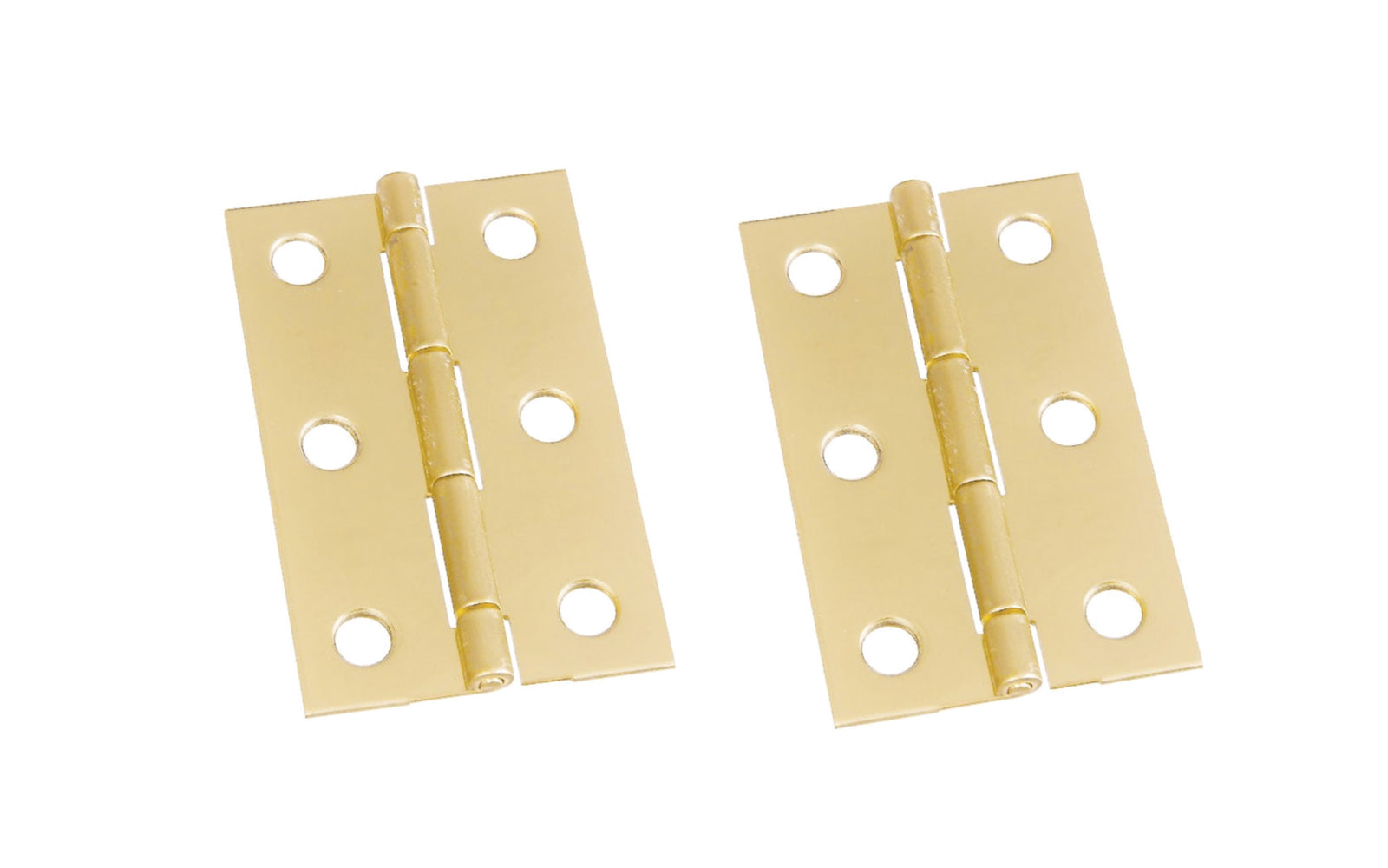 These solid brass hinges add a decorative appearance to small boxes, jewelry boxes, small lightweight cabinet doors, craft projects, etc. Made of solid brass material with a bright brass finish. 2-1/2" high x 1-9/16" wide. Surface mount. Non-removable pin. Pair of hinges. National Hardware Model No. N211-318. 