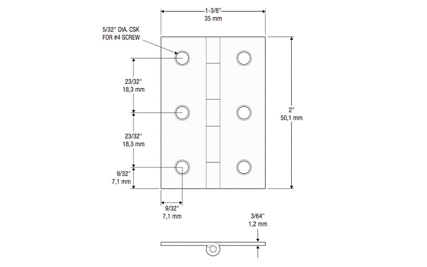 2" x 1-3/8" Oil Rubbed Bronze Hinges designed for chests, jewelry boxes, cabinet doors, craft projects. Made of steel material with an oil rubbed bronze finish. 1-1/2" high x 1-1/4" wide. Surface mount. Non-removable pin. National Hardware Model No. N211-021. 886780014297. Pair of hinges. 2 Pack.