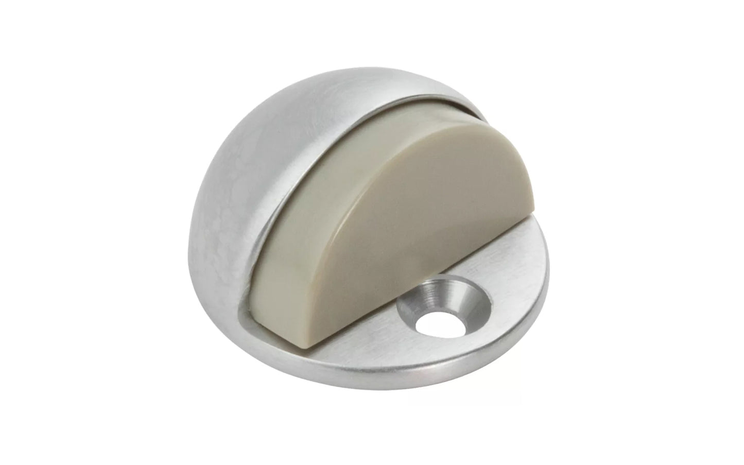 This floor door stop prevents damage to walls & doors with 1/4" to 3/4" clearance. Satin chrome finish on solid brass material. Base Diameter: 1-3/4". Projection: 1-1/8". Made by National Hardware. Model N215-830.
