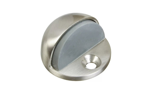 This floor door stop prevents damage to walls & doors with 1/4" to 3/4" clearance. Satin nickel finish on solid brass material. Base Diameter: 1-3/4". Projection: 1-1/8". Made by National Hardware. Model N325-324.