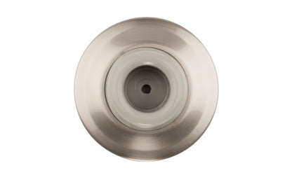 Satin Nickel Finish Solid Brass Wall Door Stop is designed to protect wall &amp; door from damage. Large base. Solid ring, rubber bumper, & plastic wall anchor. Diameter: 2-5/16". Projection: 1-1/8". Made by National Hardware.