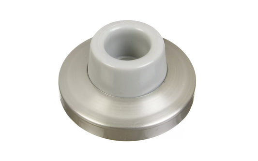 Satin Nickel Finish Solid Brass Wall Door Stop is designed to protect wall &amp; door from damage. Large base. Solid ring, rubber bumper, & plastic wall anchor. Diameter: 2-5/16". Projection: 1-1/8". Made by National Hardware.