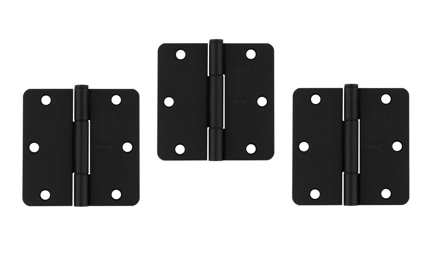 3-1/2" x 3-1/2" size  "Squeak Guard" Door Hinges - 3 Pack. Enables doors to pivot on one edge as they silently open & close. Matte Black finish on steel material. 1/4" radius corners. Removable pin. National Hardware Model No. N830-446. 