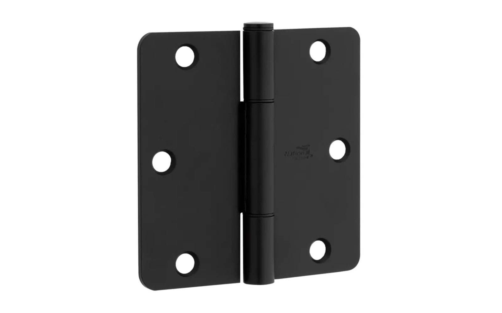 3-1/2" x 3-1/2" size  "Squeak Guard" Door Hinges - 3 Pack. Enables doors to pivot on one edge as they silently open & close. Matte Black finish on steel material. 1/4" radius corners. Removable pin. National Hardware Model No. N830-446. 