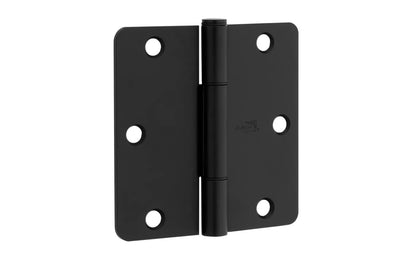 3-1/2" x 3-1/2" size  "Squeak Guard" Door Hinges - 3 Pack. Enables doors to pivot on one edge as they silently open & close. Matte Black finish on steel material. 1/4" radius corners. Removable pin. National Hardware Model No. N830-446. 