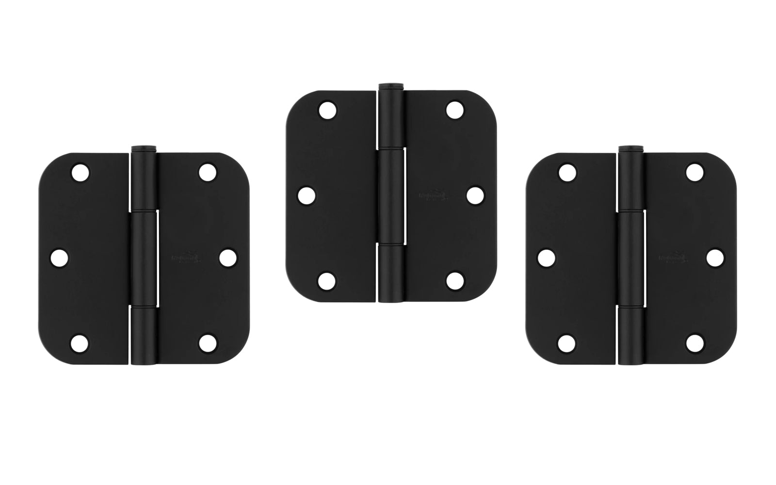 3-1/2" x 3-1/2" size  "Squeak Guard" Door Hinges - 3 Pack. Enables doors to pivot on one edge as they silently open & close. Matte black finish on steel material. 5/8" radius corners. Removable pin. National Hardware Model No. N830-447. 