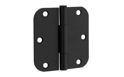 3-1/2" x 3-1/2" size  "Squeak Guard" Door Hinges - 3 Pack. Enables doors to pivot on one edge as they silently open & close. Matte black finish on steel material. 5/8" radius corners. Removable pin. National Hardware Model No. N830-447. 