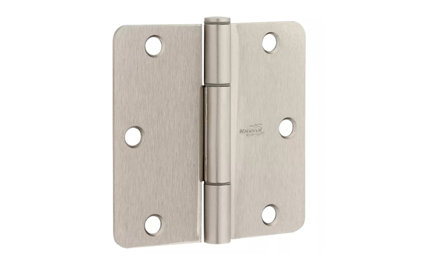 3-1/2" x 3-1/2" size  "Squeak Guard" Door Hinges - 3 Pack. Enables doors to pivot on one edge as they silently open & close. Satin Nickel finish on steel material. 1/4" radius corners. Removable pin. National Hardware Model No. N830-449. 