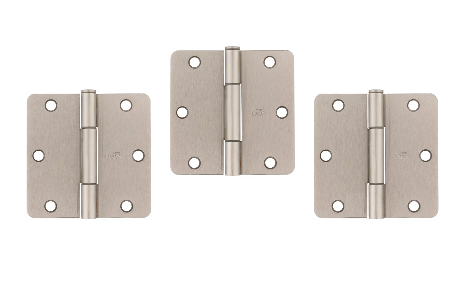 3-1/2" x 3-1/2" size  "Squeak Guard" Door Hinges - 3 Pack. Enables doors to pivot on one edge as they silently open & close. Satin Nickel finish on steel material. 1/4" radius corners. Removable pin. National Hardware Model No. N830-449. 