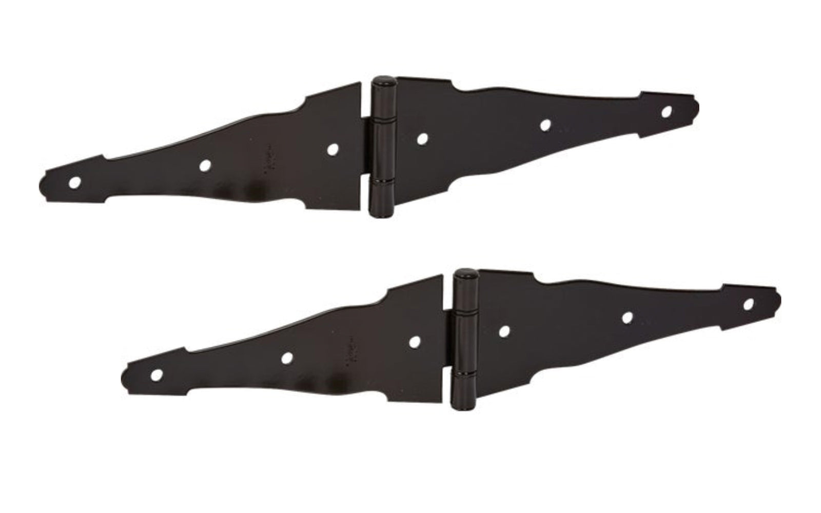 6" Black Finish Ornamental Strap Hinges - 2 Pack. Heavy-duty for extra strength & designed for gates, sheds & rustic doors. Coated with "Weatherguard" protection to withstand harsh weather conditions & prevent corrosion. Sold as two hinge in packs. National Hardware Catalog Model No. N881-946.