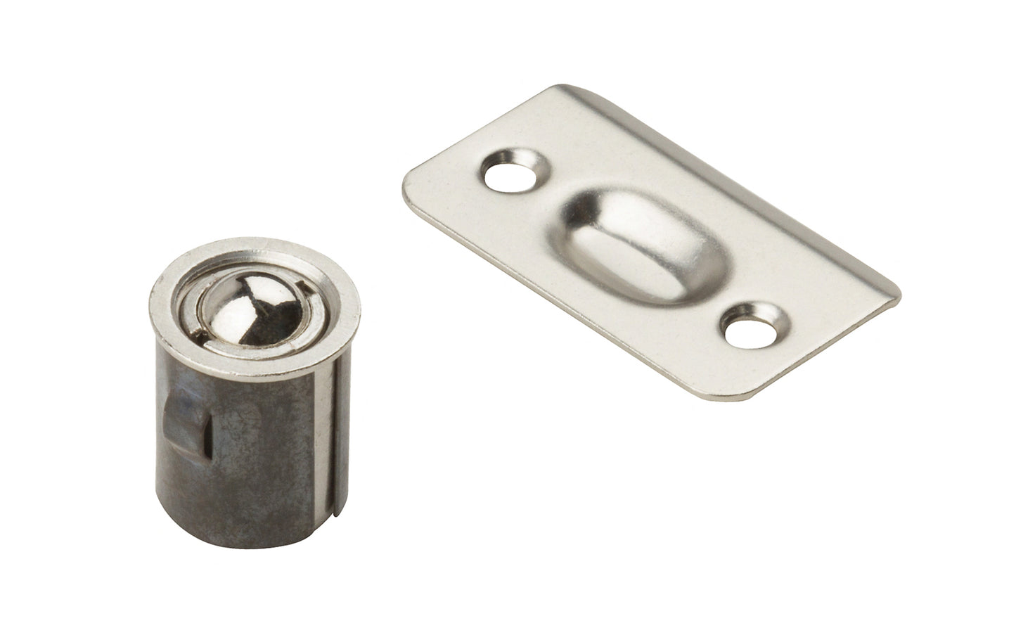 This Drive-In Ball Catch is designed for use in wood, metal closet or cabinet doors. Adjustable tension. Steel material with a Satin Nickel finish. Made by National Hardware Mfg. Model N830-107.