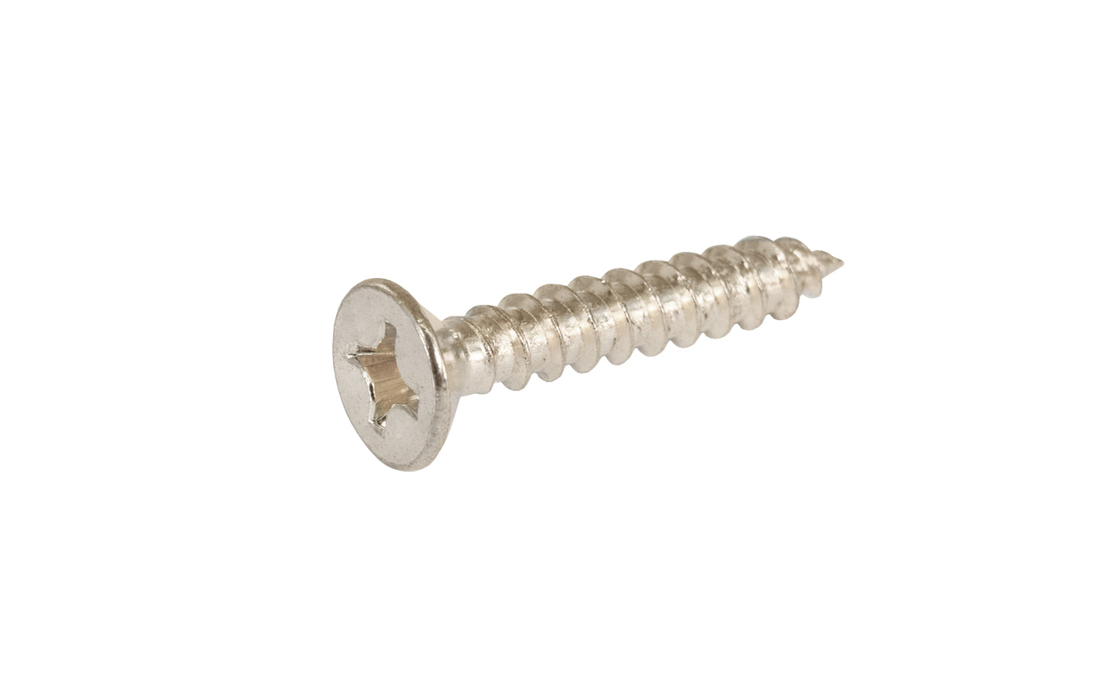 #12 x 1-1/4" Flat Head Phillips Screws. Traditional & classic vintage-style countersunk wood screws. Made of steel material. Available in lacquered brass, oil rubbed bronze, & polished nickel finishes. Designed for door hinges. Countersunk door hinge screws. Sold as a single screw each. Polished Nickel Finish.