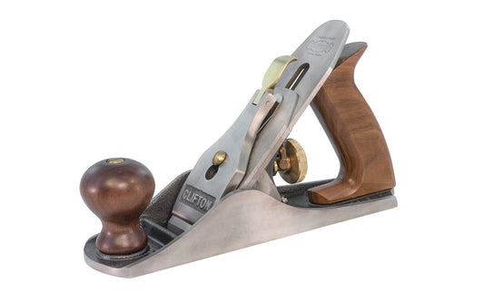 Clifton No. 4 Smoothing Bench Plane. Cutting Iron is made from cryogenically treated 01 steel, hardened & tempered to 60-62 Rockwell C, precision ground & 0.120" thick (3mm). 1-2" (50 mm) wide cutter blade. Knob & handle are carefully shaped, sanded & sealed from Walnut. Clifton model C4. Made in Sheffield, England.