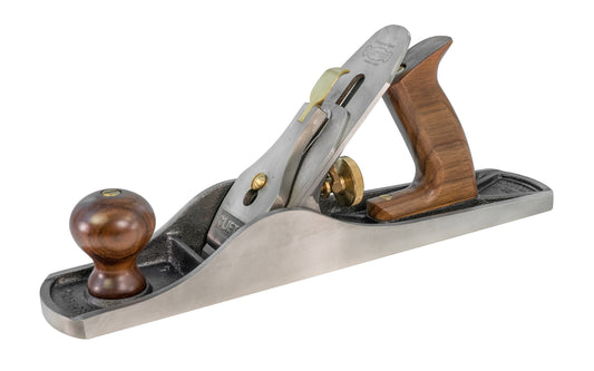 Clifton No. 5 Jack Bench Plane. Cutting Iron is made from cryogenically treated 01 steel, hardened & tempered to 60-62 Rockwell C, precision ground & 0.120" thick (3mm). 1-2" (50 mm) wide cutter blade. Knob & handle are carefully shaped, sanded & sealed from Walnut. Clifton model C5. Made in Sheffield, England.