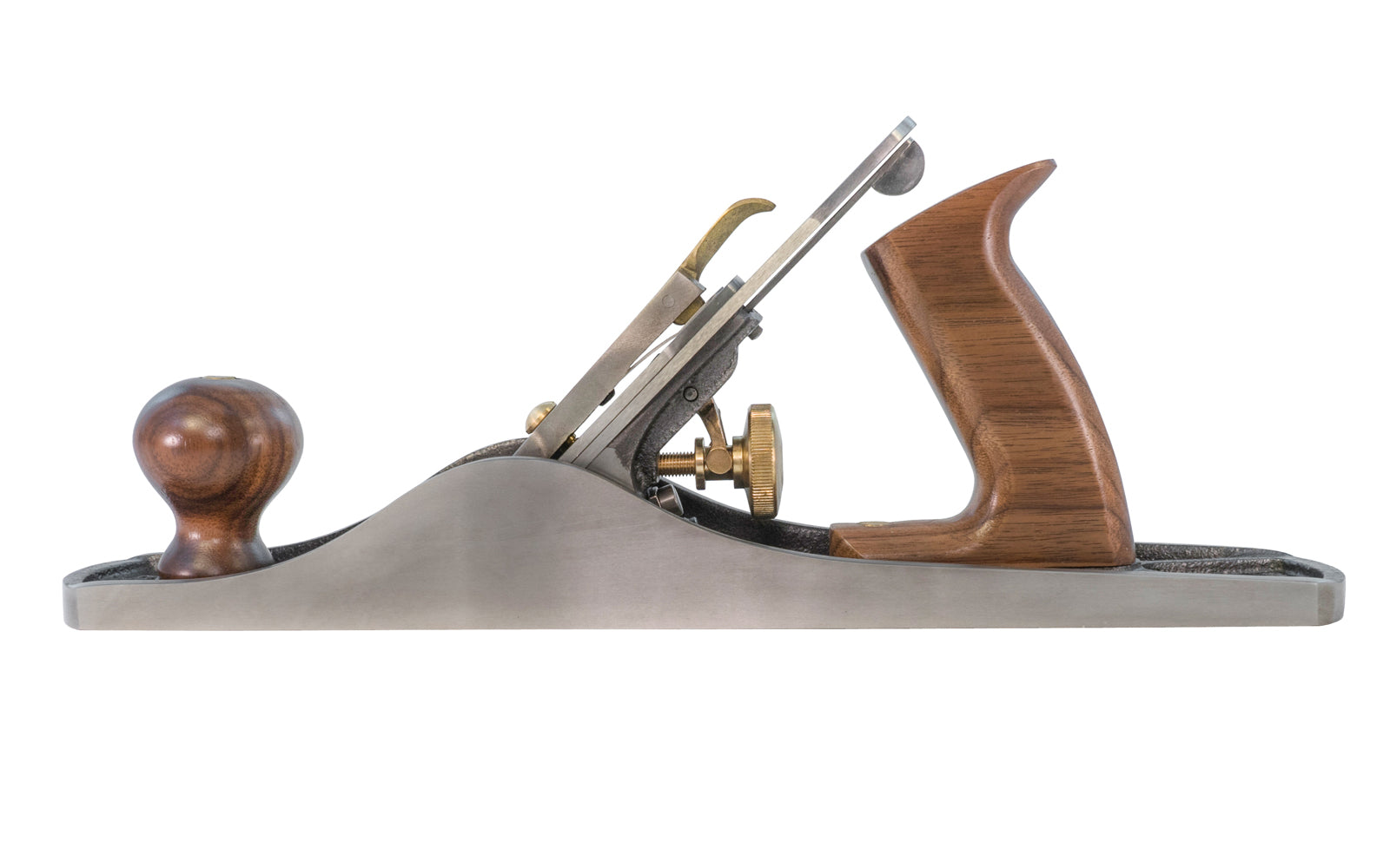 Clifton No. 5 Jack Bench Plane. Cutting Iron is made from cryogenically treated 01 steel, hardened & tempered to 60-62 Rockwell C, precision ground & 0.120" thick (3mm). 1-2" (50 mm) wide cutter blade. Knob & handle are carefully shaped, sanded & sealed from Walnut. Clifton model C5. Made in Sheffield, England.