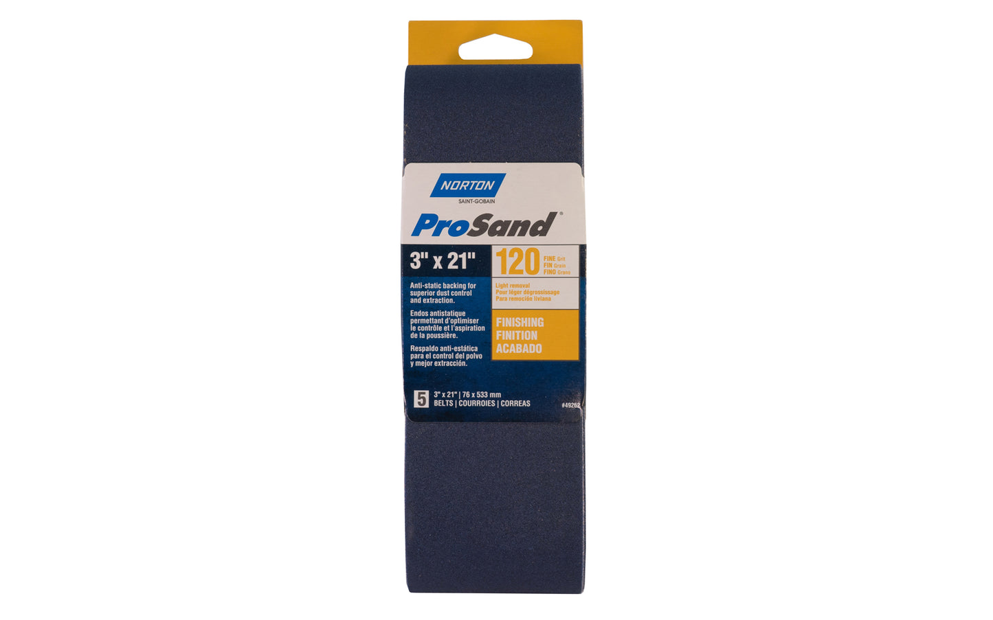 Norton "ProSand" 3" x 21" Sanding Abrasive Belts - 120 Grit. Pro Sand Zirconia Alumina Abrasive Sanding Belts. Anti-static backing for superior dust control & extraction. For heavy stripping & removal. 5 Pack. Made in USA. Model 49262