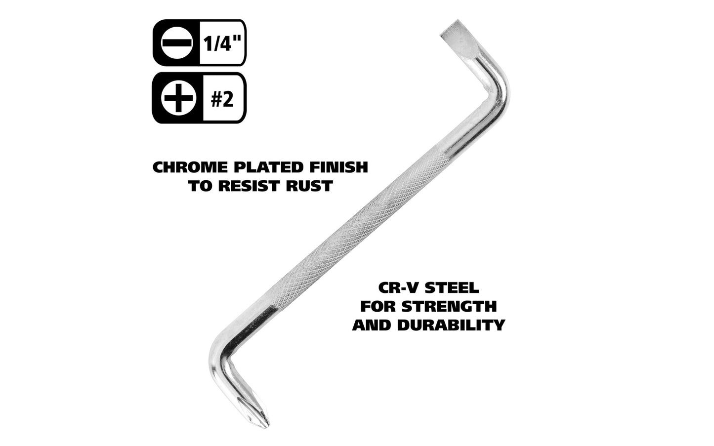 GreatNeck Offset Screwdriver is designed for hard-to-reach applications. It is made of chrome vanadium steel for strength & durability, & chrome plated to resist rust. It features a knurled handle for a sure grip. Offset - #2 Phillips & 1/4" Slotted.