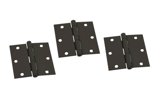 3-1/2" Oil Rubbed Bronze Door Hinge with square corners & a removable pin. 3 Pack. Oil rubbed bronze finish on steel material. Countersunk holes. Includes flat head screws. 3-1/2" x 3-1/2" door hinge size. Five knuckle, full mortise design. National Hardware Model No. N830-323. 886780007695