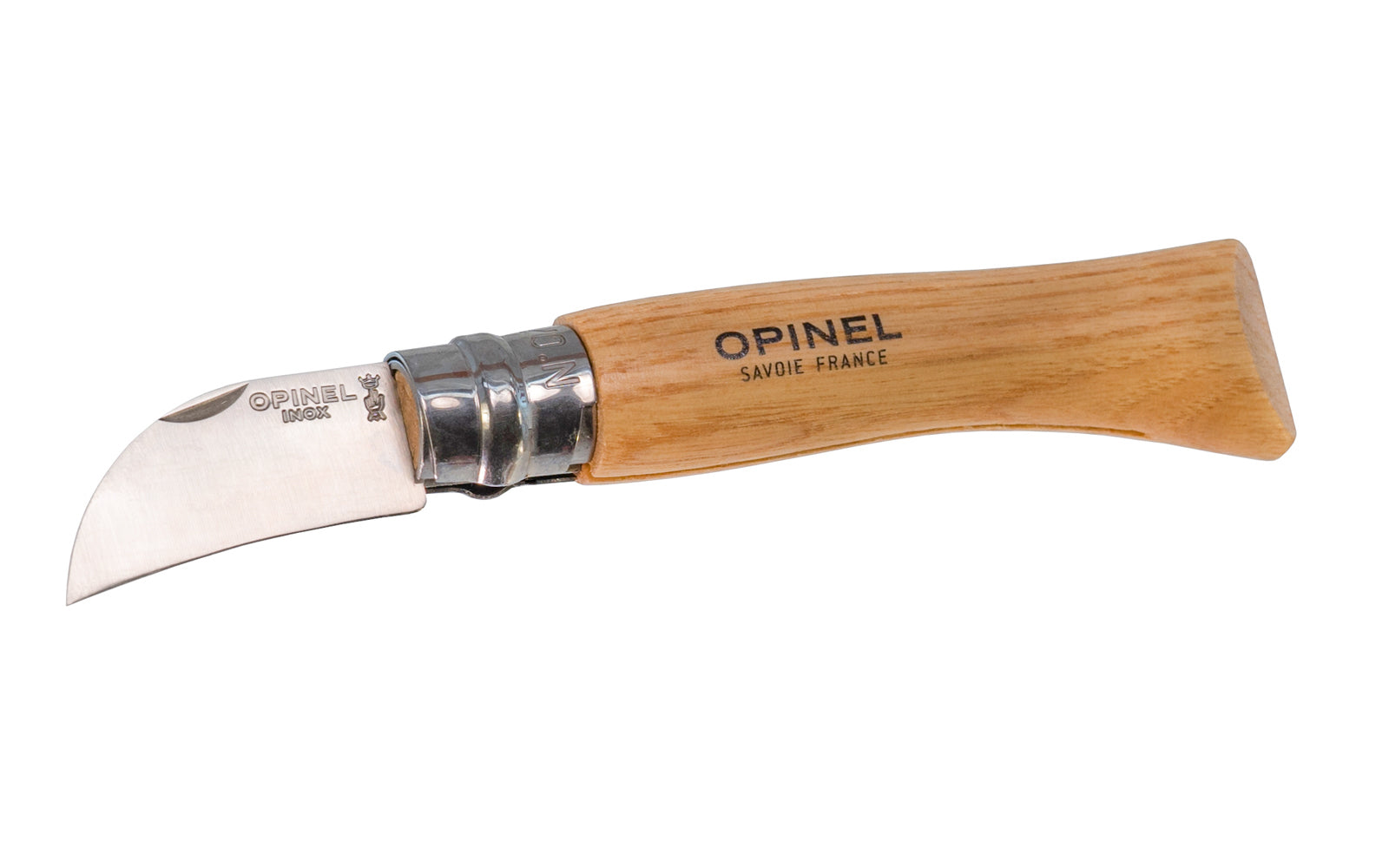 Made in France · Stainless Steel Chestnut & Garlic Knife. This Opinel No. 7 stainless knife is curved & pointed to easily pierce & peel chestnuts & garlic cloves, & can quickly stone fruits such as apricots or plums, etc. The folding knife is also a good tool for whittling wood. 2" long blade. 