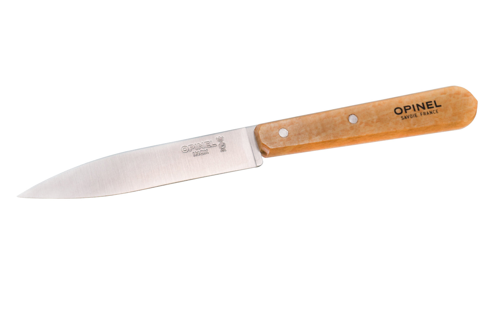 Opinel Stainless Steel Paring Knife. Model 112. Excellent for chopping & slicing up fruits & small vegetables like mushrooms, etc. The handsome Beechwood handle is varnished for beautiful look. The Opinel knife is rich in history & has been in use for over 100 years by many alike.  Made in France.