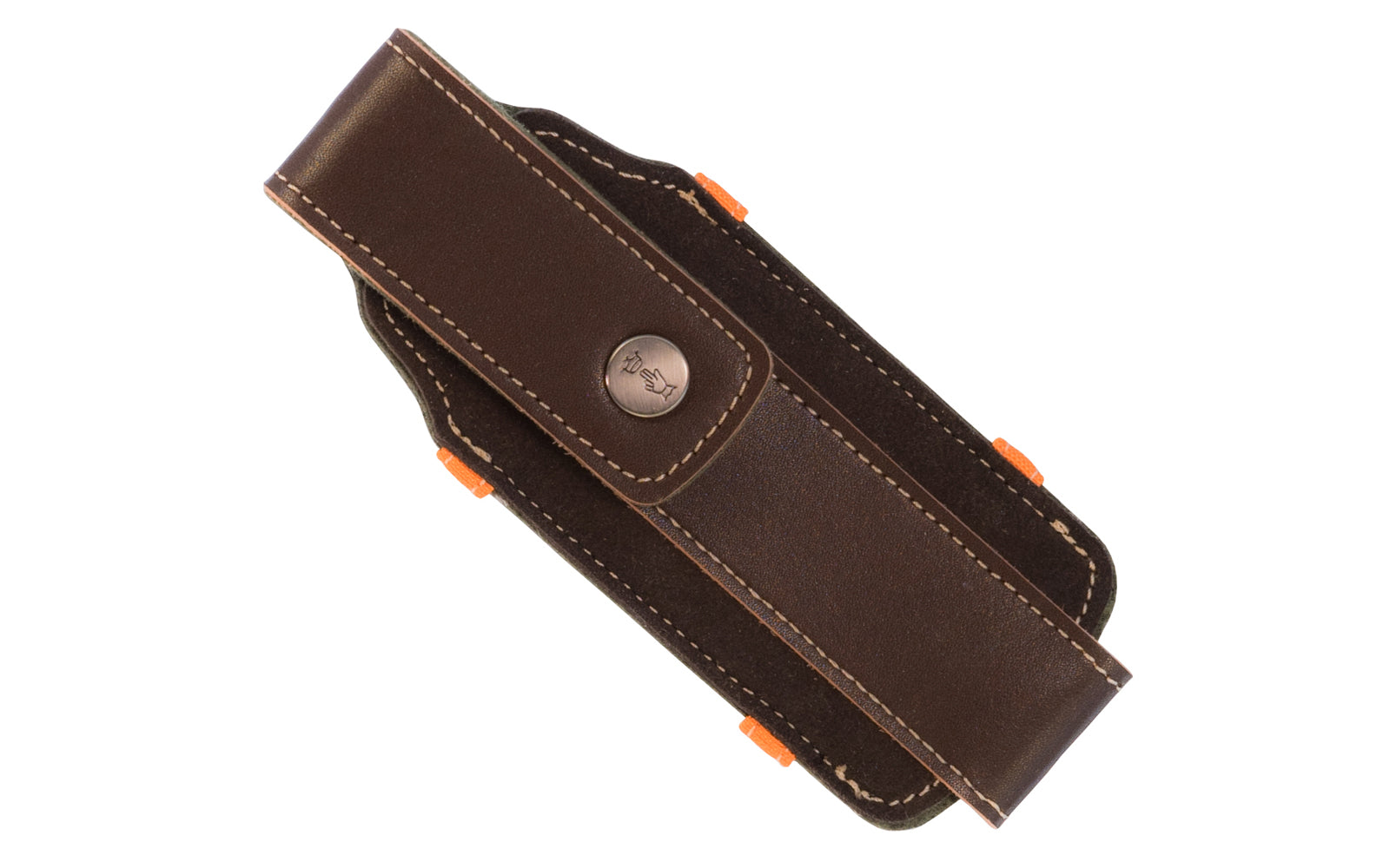 This Opinel Outdoor Large Brown Knife Sheath sheath can be hung by the orange webbing, or attached to a belt for a snug fit. Made of brown synthetic leather with stitching & a snap enclosure that will keep your knife safely secured during transport.