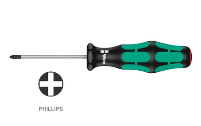 High quality Wera Phillips Screwdriver. Multi-component Kraftform Plus handle for pleasant, ergonomic working. Available in #0 Phillips x 60 mm length, & #1 Phillips x 80 mm length, & #2 Phillips x 100 mm length, & #2 Phillips x 200 mm length. Kraftform 350PH Series. Philips screwdriver. Non-roll Hexagonal handle.