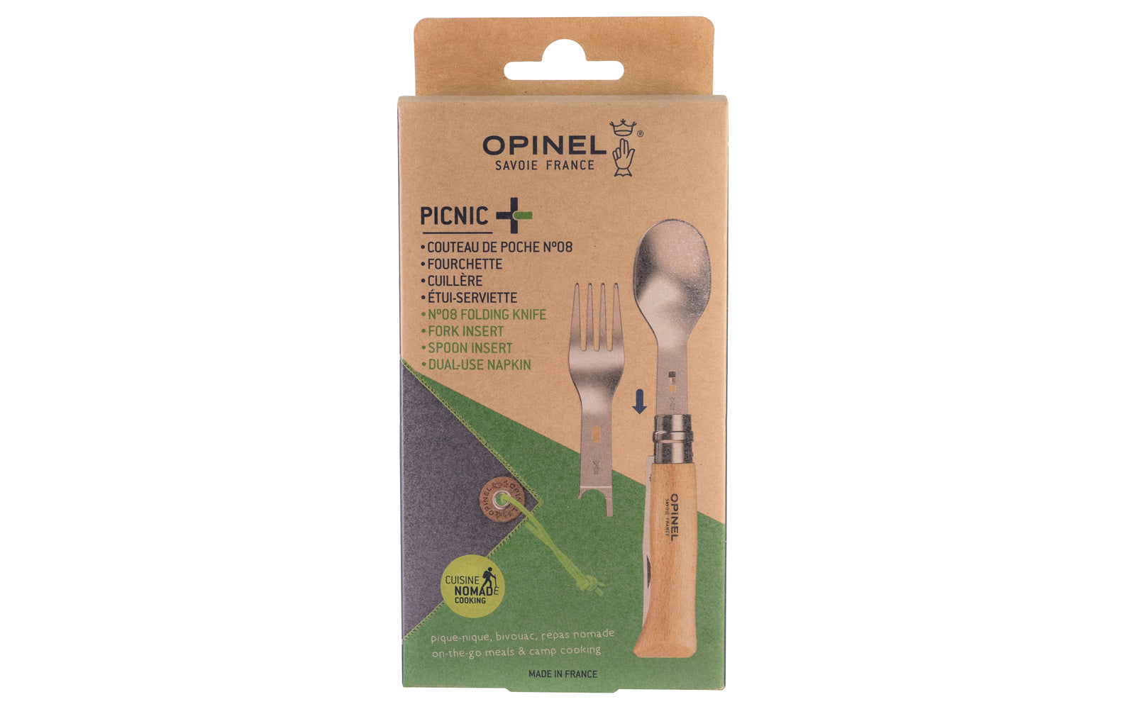 Made in France · Opinel Stainless Steel No. 8 Knife + Picnic Kit. Opinel Stainless Steel No. 8 Knife + Picnic Kit. The Picnic+ cutlery inserts are smart & durable accessories for on the go meals & camp cooking. Perfect for hiking, weekend picnics, or just everyday lunches. Includes fork & spoon inserts to fit in knife.