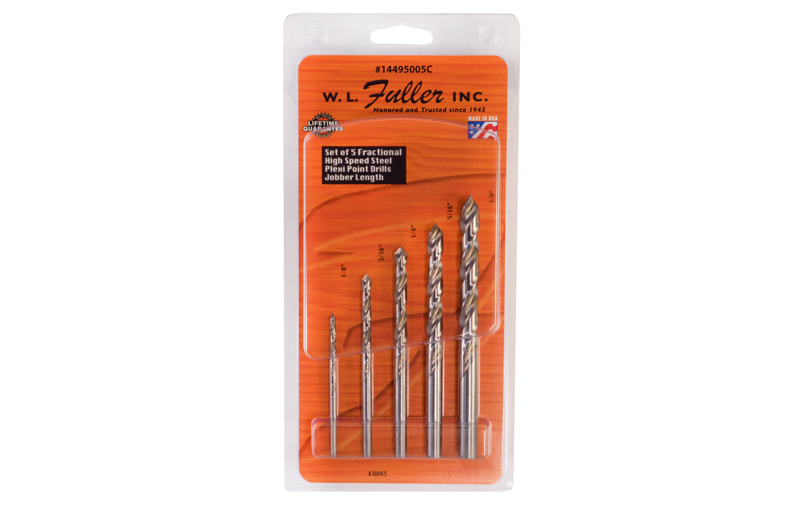 WL Fuller 5-piece HSS Plexi-Point drill bits with round shank. The drill bits are specially pointed to reduce chipping out when cutting through Plexiglass. Avoids chatter while drilling & will not melt the material, & produce clean holes in soft & hard plastics. SAE sizes: 1/8", 3/16", 1/4", 5/16", & 3/8". Made in USA.